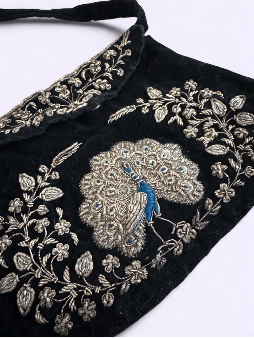 Vintage  Black Velvet Peacock Embroidered Clutch Bag Embellished Purse